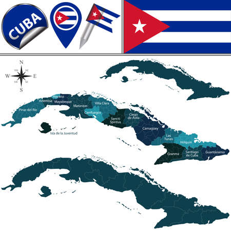 Vector map of Cuba with named provinces and travel iconsのイラスト素材
