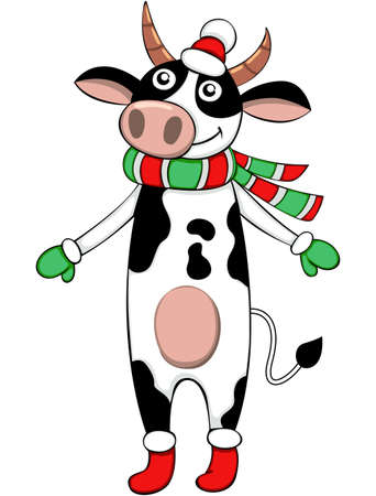 Cartoon white cow in warm scarf and Christmas hat. Vector imageのイラスト素材
