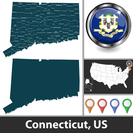 Connecticut state with counties and location on American map. Vector imageのイラスト素材