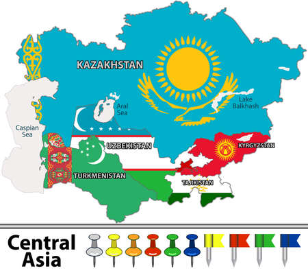 Vector map of Central Asia with flags, Caspian Sea and large lakes