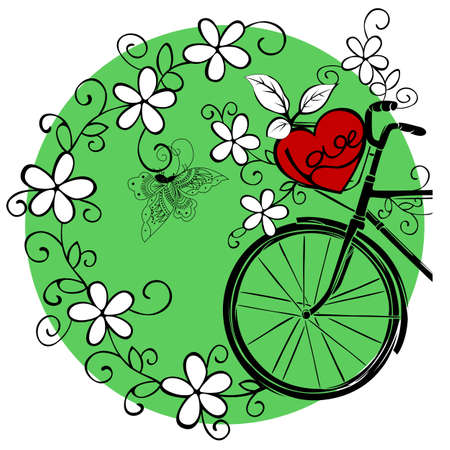 Bicycle with red heart and different beautiful flowers. Vector imageのイラスト素材
