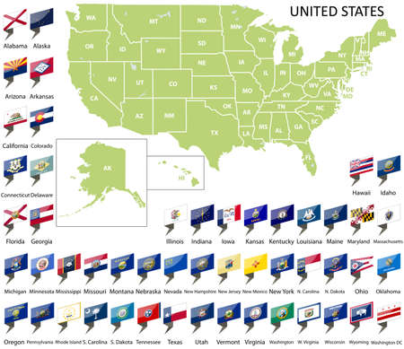 Vector map of the United States with named states and flagsのイラスト素材