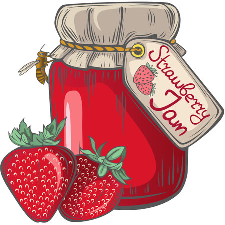 Strawberry jam jar with strawberries berries and bee in vintage style. Vector imageのイラスト素材