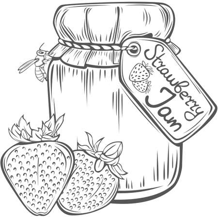 Strawberry jam jar with strawberries berries and bee in vintage style. Vector imageのイラスト素材