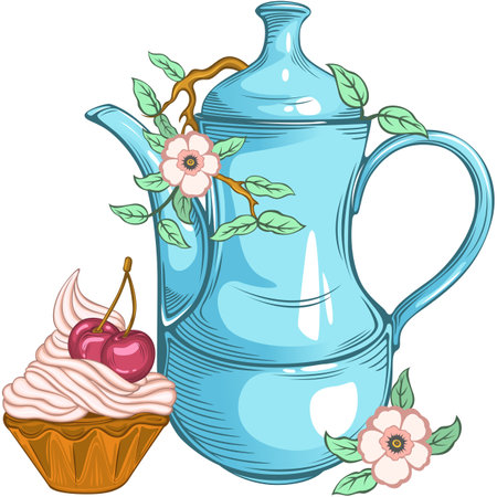 Teapot, cupcake with cherry berries and blossom branch in vintage style. Vector imageのイラスト素材
