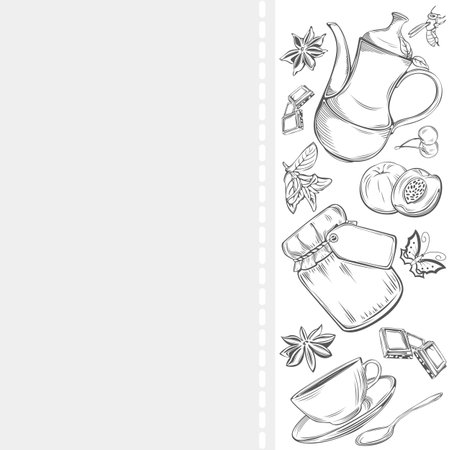 Set of dishes with teapot, cup and saucer, teaspoon and fruits, anise and mint, jar jam and slices chocolate . Vector imageのイラスト素材
