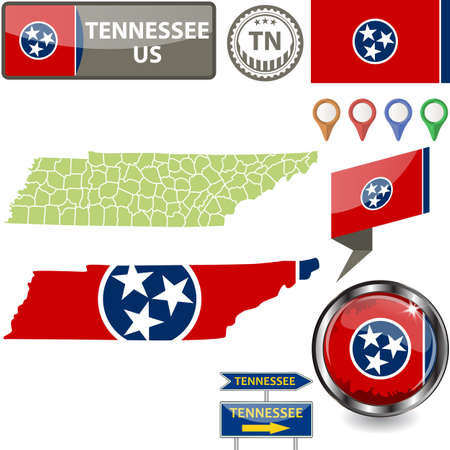 Map of Tennessee state, US with flag and counties. Vector imageのイラスト素材