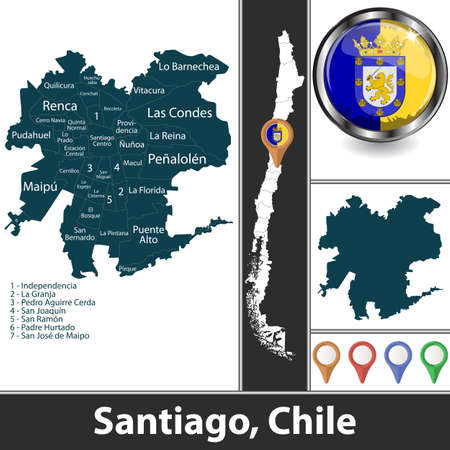 City of Santiago with communes and location on Chilean map. Vector imageのイラスト素材