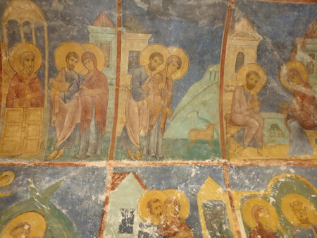 The frescoes of the 12th century of Mirozhsky Monastery in Pskov city, Russiaの写真素材