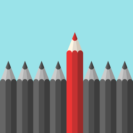 Unique red pencil stands out from the crowd of same gray pencils on blue background. Leadership, individuality, success and business concept. Flat designのイラスト素材