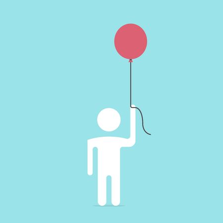 White man flying with a red balloon on blue background. Business and freedom concept. Flat design.のイラスト素材