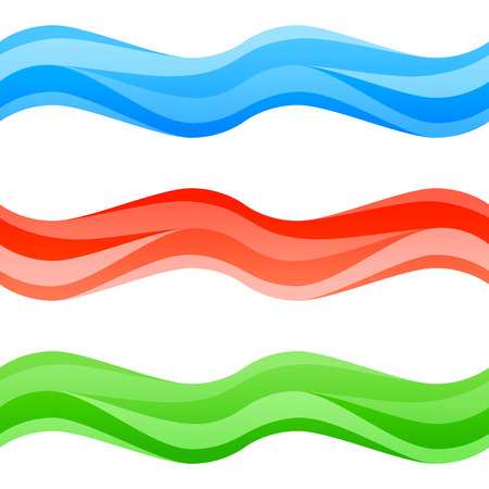 Seamless blue, red and green waves set. Abstract colorful design elements isolated on white. Vector illustration. EPS 10 with transparency and gradientsのイラスト素材