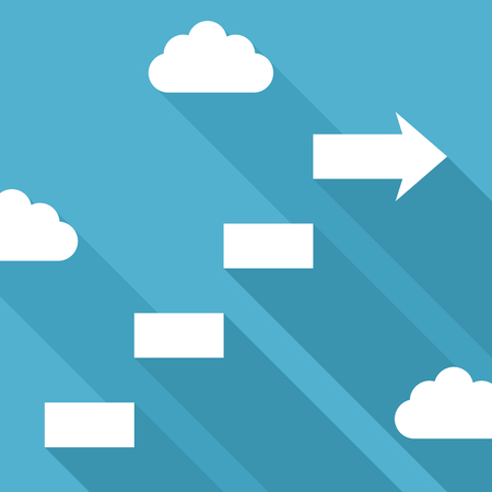 White steps with arrow in clouds on blue sky background. Development, growth and progress concept. Flat design. Vector illustration. EPS 8, no transparencyのイラスト素材