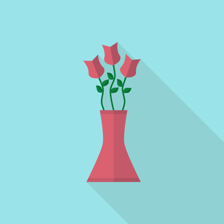 Bouquet of red flowers in a vase on blue background. Icon with long shadow. Flat design. Illustration. EPS 8, no transparencyのイラスト素材