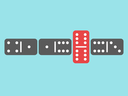 Domino game with one red unique tile on blue background. Uniqueness, creativity and individuality concept. Flat design. Illustration. EPS 8, no transparencyのイラスト素材