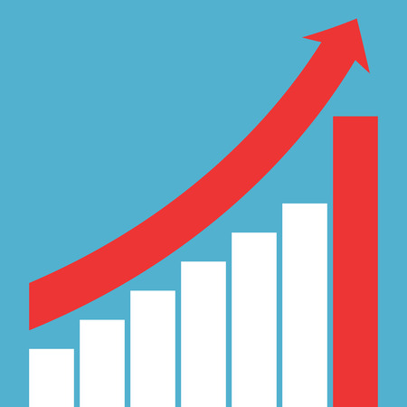White diagram with red growth arrow and column on blue background. Growth, progress and increase concept. Flat design. Vector illustration. EPS 8, no transparencyのイラスト素材