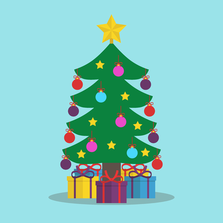 Christmas tree decorated with colored balls and star under which gifts on blue background. New year, happy and christmas concept. Flat design. Vector illustration. EPS 8, no transparencyのイラスト素材