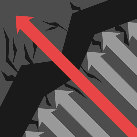 Unique red arrow avoids obstacles and other gray ones on black background. Leadership, individuality, success and courage concept. Flat design. Vector illustration. EPS 8, no transparencyのイラスト素材