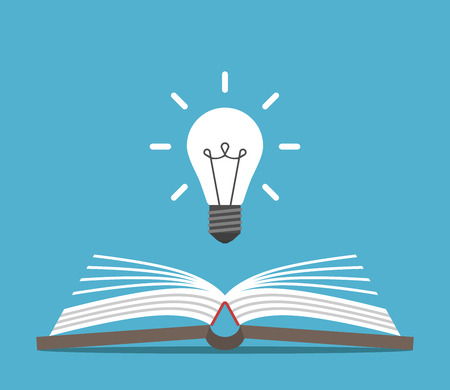 Open book and bright glowing light bulb on blue background. Education, idea and insight concept. Flat design. Vector illustration. EPS 8, no transparencyのイラスト素材