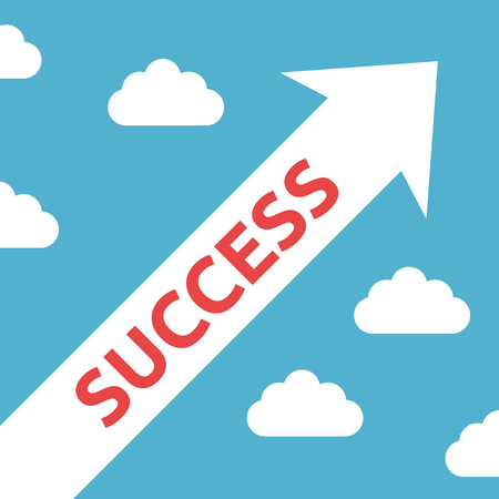 White arrow with red success word on blue sky background with clouds. Growth, development and achievement concept. Flat design. Vector illustration. EPS 8, no transparencyのイラスト素材