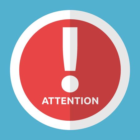 Exclamation mark in a red circle with a frame on blue background. Attention, danger, and warning concept. Flat design. Vector illustration. EPS 8, no transparencyのイラスト素材