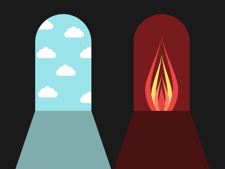 Doors leading to blue sky with clouds and red darkness with fire. Hell and heaven, sin and death concept. Flat design. Vector illustration. EPS 8, no transparencyのイラスト素材
