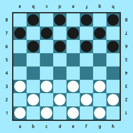 American checkers or Russian draughts game. White and black pieces set on blue 8x8 board.のイラスト素材