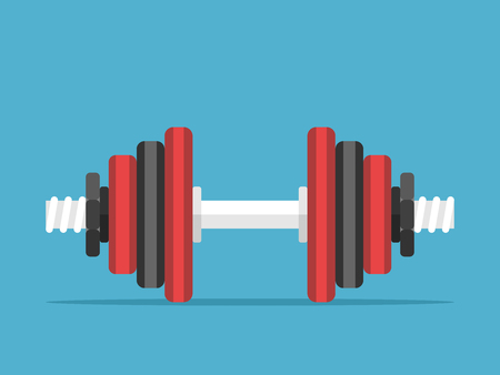Assembled dumbbell with red and black disks on blue background. Sports, weight lifting and exercise concept.Flat design.のイラスト素材