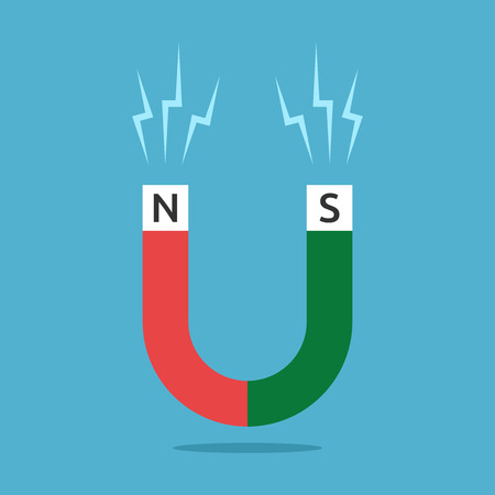 Red and green horseshoe shaped magnet with N and S letters and sparks on blue background. Magnetism, science, attraction and education concept.のイラスト素材