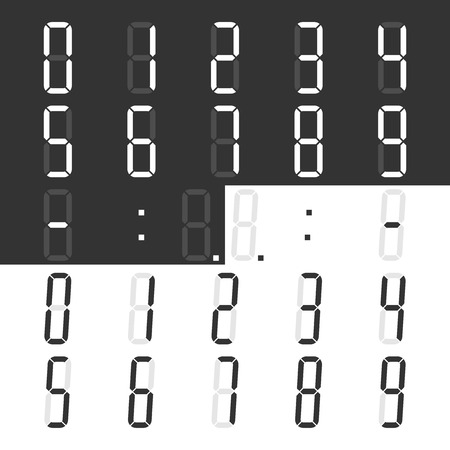 Digital display numbers and symbols set for calculator or clock. Regular and italic styles. Flat design. Vector illustration. EPS 8, no transparencyのイラスト素材