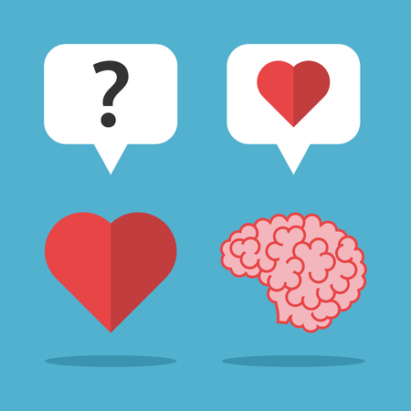 Brain loves heart and it thinks on blue background. Love, mind and emotion concept. Flat design. Vector illustration. EPS 8, no transparencyのイラスト素材