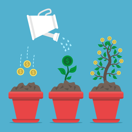 Three stages of growing money in flower pot from seed to plant and to tree on blue background.のイラスト素材