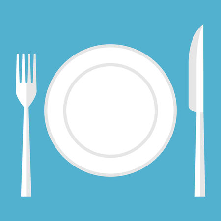Empty plate, fork and knife isolated on blue background. Top view. Eating, healthy lifestyle and diet concept. Flat design. Vector illustration. EPS 8, no transparencyのイラスト素材