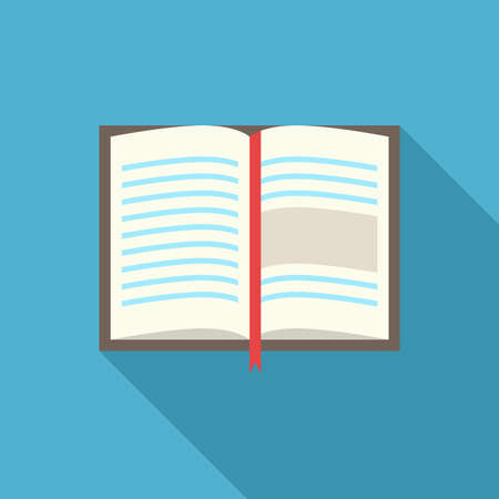 Abstract open book with red bookmark. blue background, long shadow, top view. Knowledge, education, reading and textbook concept. Flat design. Vector illustration. No gradients, no transparencyのイラスト素材