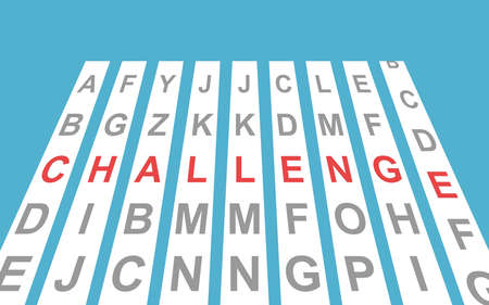 Challenge word lined up from code lock letters rows on blue background. Strategy, opportunity, problem concept. Flat design. Vector illustration. No gradients, no transparencyのイラスト素材