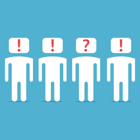 Unique man with question mark inside head, others with exclamation. Doubt, uniqueness, creativity, optimism and pessimism concept. Flat design. Vector illustration. No gradients, no transparencyのイラスト素材