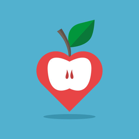 Red stylized heart-shaped apple on blue background. Healthy eating, lifestyle, food, healthcare, summer and romance concept. Flat design. Vector illustration. No gradients, no transparencyのイラスト素材