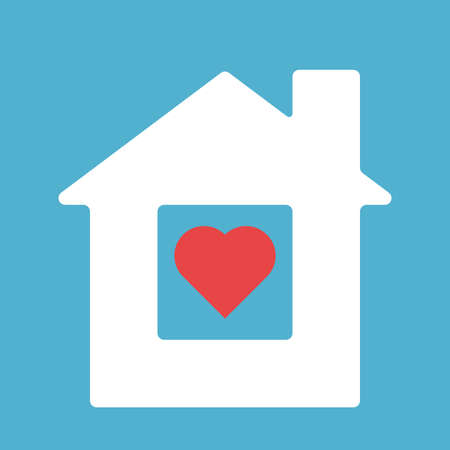 White house with red heart shape inside it on blue background. Stay home, virus pandemic and self isolation concept. Flat design. Vector illustration. No gradients, no transparencyのイラスト素材