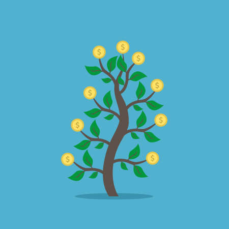 Money tree, dollar coins growing on it. Abundance, profit, investment, interest and retirement concept. Flat design. Vector illustration.のイラスト素材