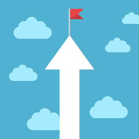 Arrow going up to flag in the sky. Goal, growth, development, success, challenge, motivation and ambition concept. Flat design. Vector illustration. EPS 8, no gradients, no transparencyのイラスト素材