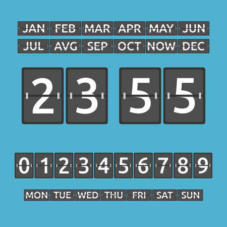 Flip board digits, time, months, weekdays set. Countdown or timetable. Flat design. Vector illustration. EPS 8, no gradients, no transparencyのイラスト素材