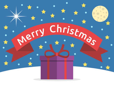 Merry Christmas card with text, gift box, stars and moon in dark blue night sky. Congratulation, celebration, holiday concept. Flat design. Vector illustration. EPS 8, no gradients, no transparencyのイラスト素材