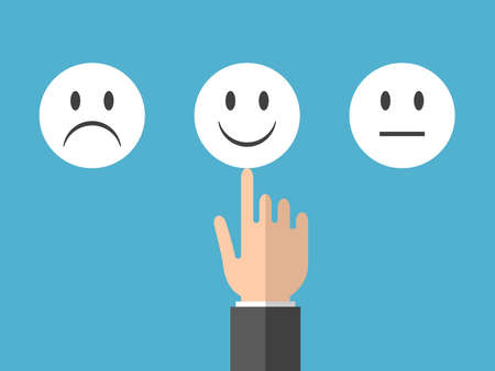 Hand choosing positive emotion or feedback. Psychology, mental health, optimism, joy, mind and wellbeing concept. Flat design. Vector illustration. EPS 8, no gradients, no transparencyのイラスト素材