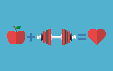 Apple fruit plus dumbbell equals heart. Healthy eating, lifestyle, diet, exercise, sport, fitness, activity, training and health concept. Flat design. Vector illustration. EPS 8のイラスト素材