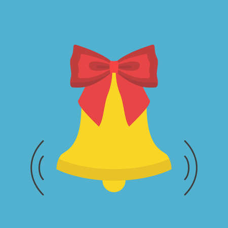 Golden Christmas bell with red bow ringing on blue. Holiday, New Year, celebration, decoration and surprise concept. Flat design. Vector illustration. EPS 8, no gradients, no transparencyのイラスト素材