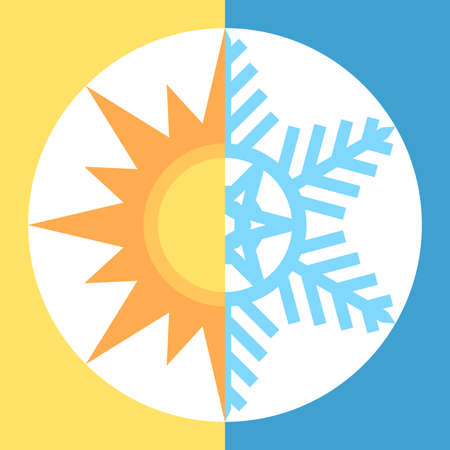 Sun and snowflake halves. Summer and winter seasons, air conditioning, hot and cold weather and climate concept. Flat design. Vector illustration. EPS 8, no gradients, no transparencyのイラスト素材