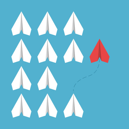 Game changer paper plane changing way. Disruption, innovation, creativity, courage, opposition, group and team concept. flat design. vector illustration. EPS 8, no gradients, no transparencyのイラスト素材