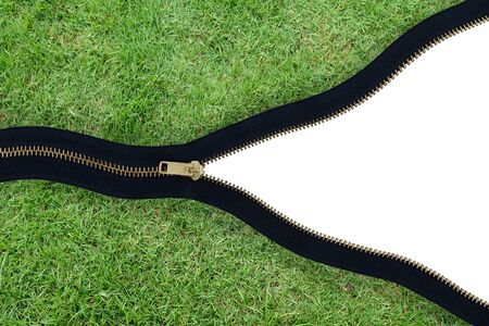Zipper with grass on white background, concept