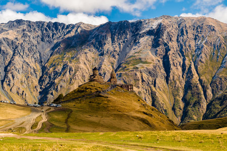 Gergeti Trinity Church (Tsminda Sameba), Holy Trinity Church near the village of Gergeti in Georgia, under Mount Kazbegiのeditorial素材