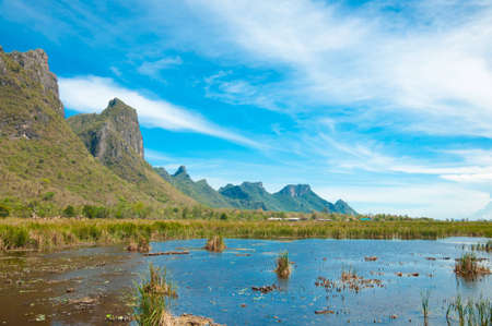 swamp land front of the mountain with beautiful sky